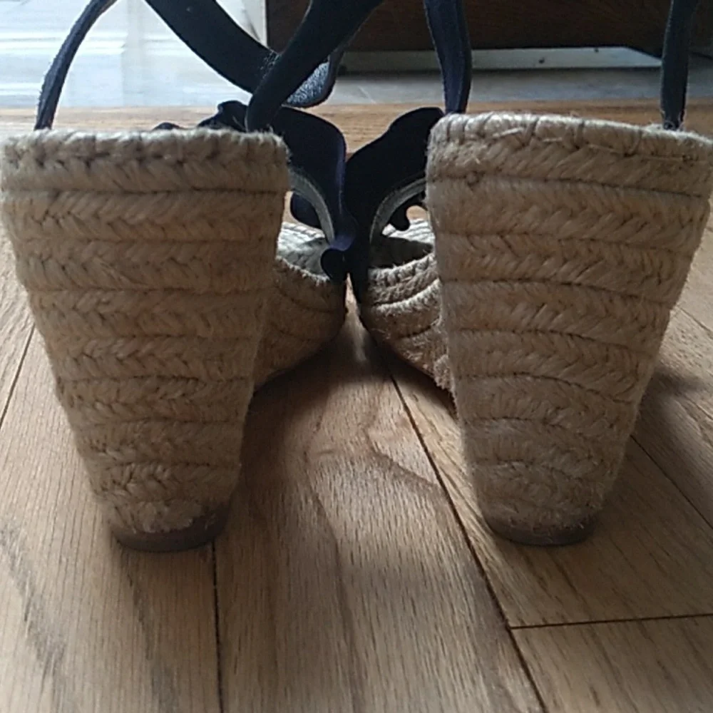 Loeffler Randall Navy Ruffle Espadrille Wedges with Ankle Strap